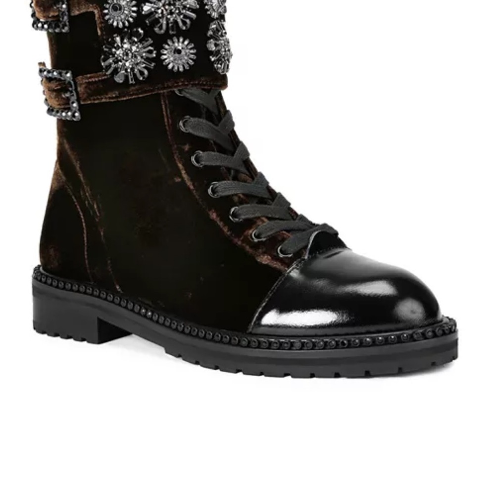Kurt Geiger London Embellished Combat Boots Velvet Leather Buckle - Picture 3 of 8